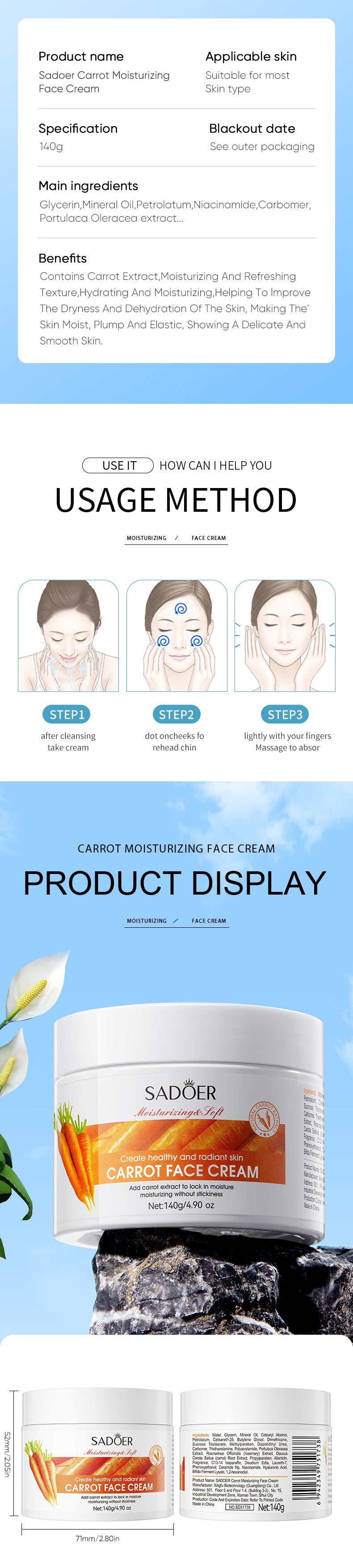 Plant Face Cream SADOER Avocado Aloe Carrot Moisturizing Cream  Wholesale