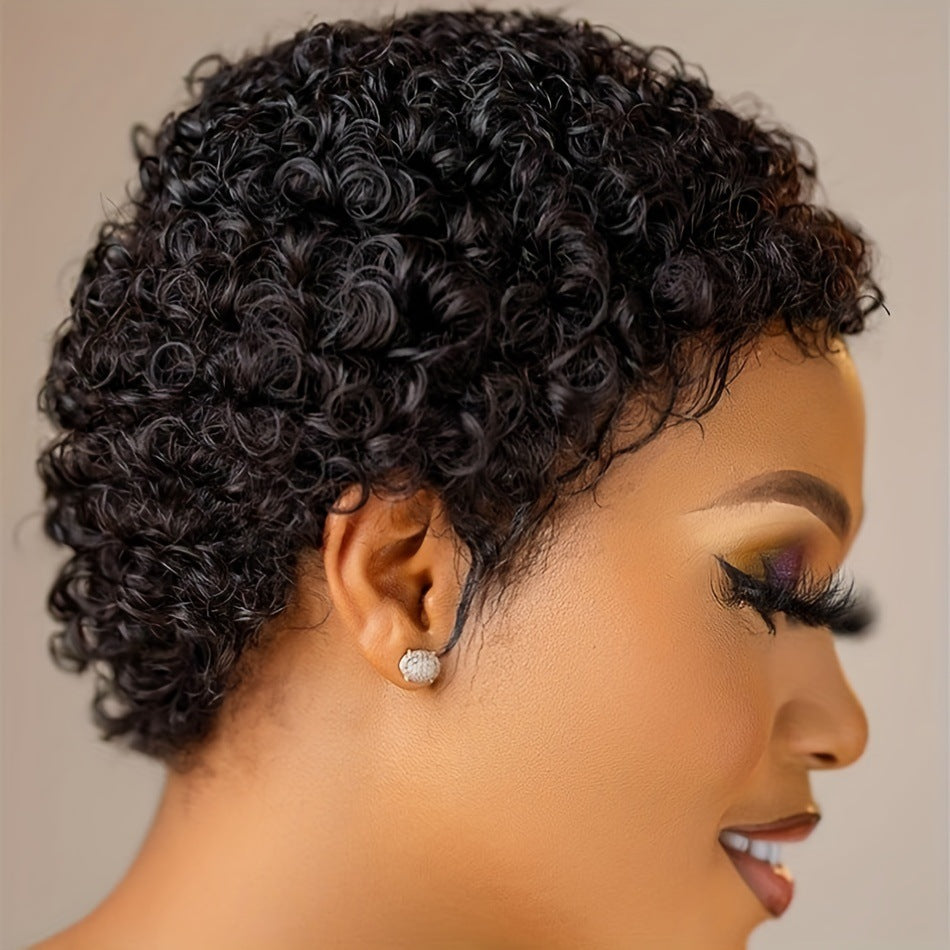 Black Women's Real Hair Wig Short Curly Wool Curl Wig
