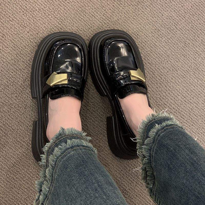 Black Thick Sole Heightening Loafers Women's Shoes2025Spring New Slip-On Shoes British Style Big Toe Small Leather Shoes