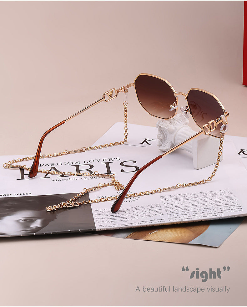 Chain Sunglasses for Women, Internet Celebrity Style, Anti-Drop Chain, Irregular Polygonal Full Frame Sunglasses for Women, Trendy