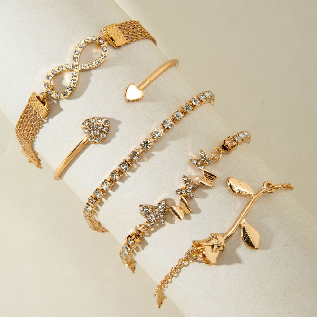 European and American Light Luxury Accessories Heart-shaped Leaf Inlaid Diamond Four-layer Bracelet Butterfly Knot Open Bracelet Set for Women