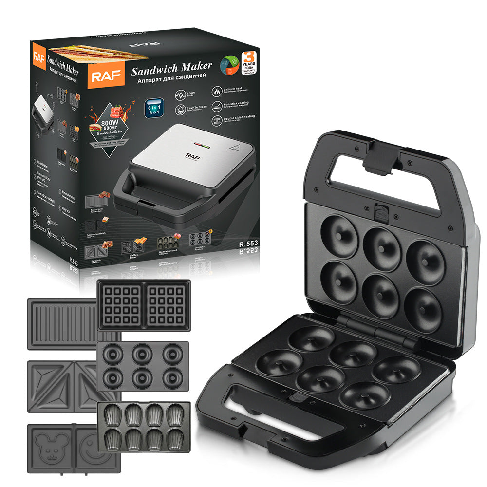 RAF European Standard Sandwich Maker Household Multifunctional 6-in-1 Waffle Maker Breakfast Machine Portable Baking