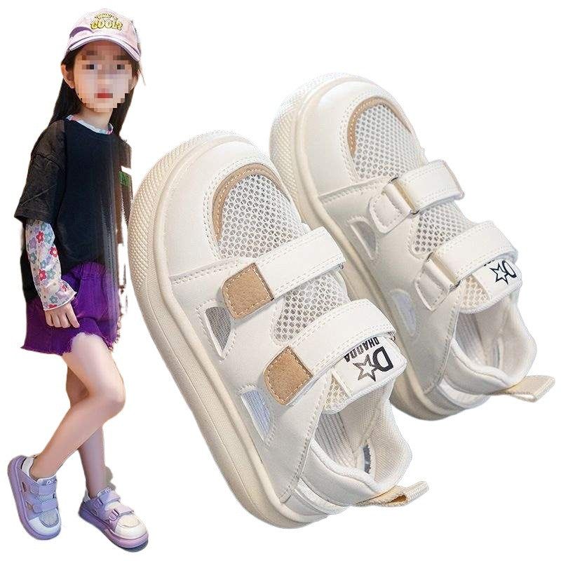 Girls Sports Closed-Toe Sandals Summer Style2025Summer New Children's Hollow Breathable Single Mesh Shoes Girls' White Shoes