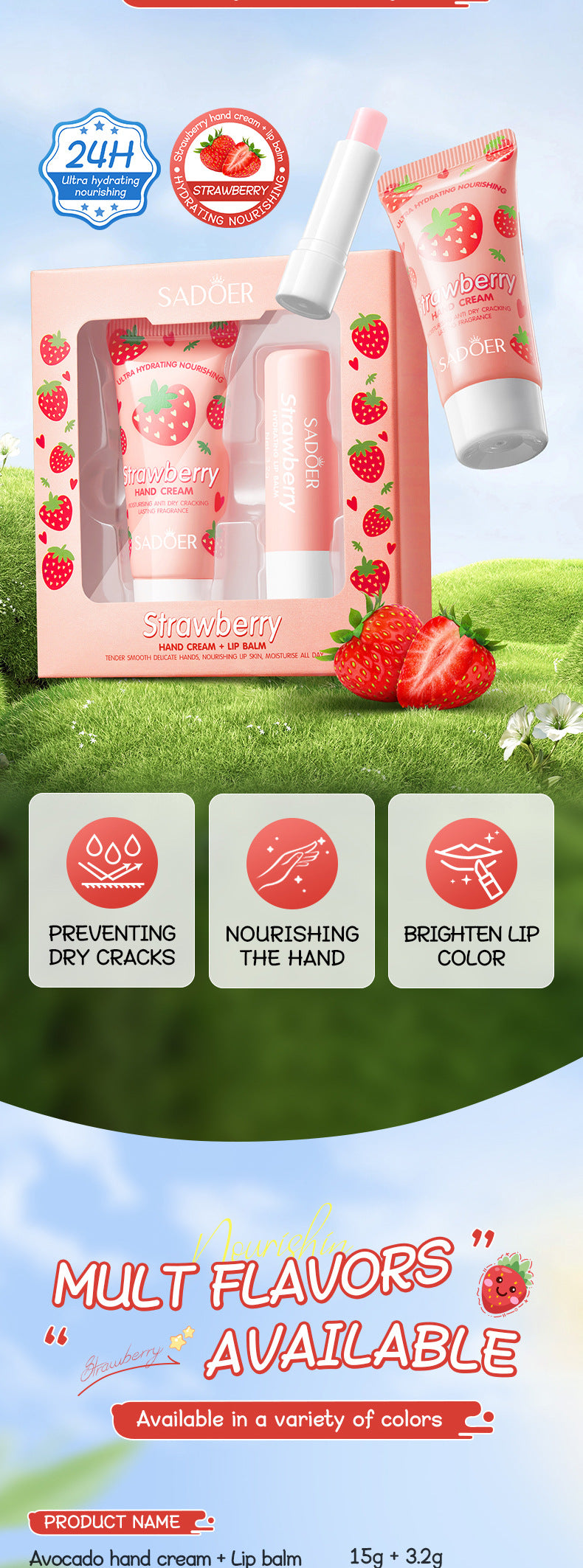 Full English Strawberry Hand Cream Lip Balm Set SADOER Nourishing Autumn and Winter Hand Cream Lip Balm  Wholesale