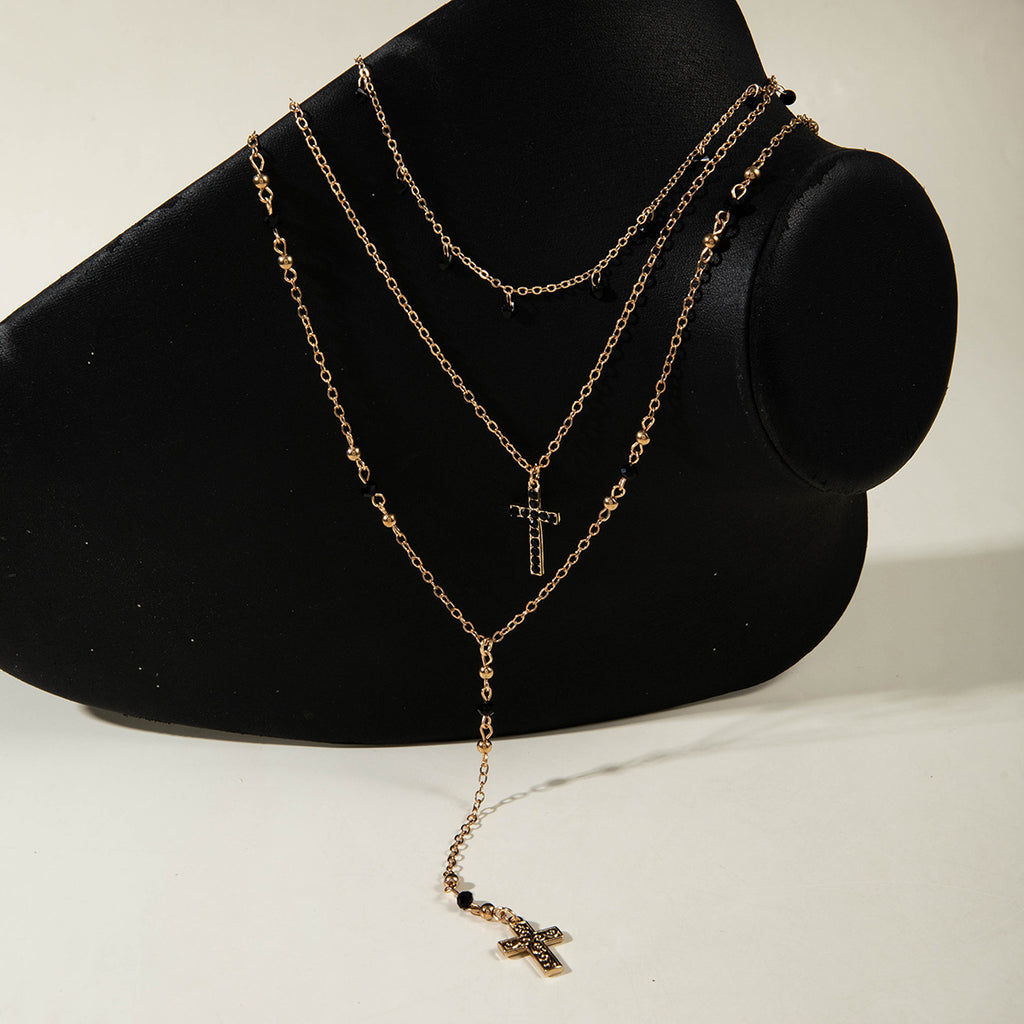 European and American Fashion Sense y Women's Tassel Necklace Creative Personality Double Layer Cross Pendant Collarbone Chain Necklace
