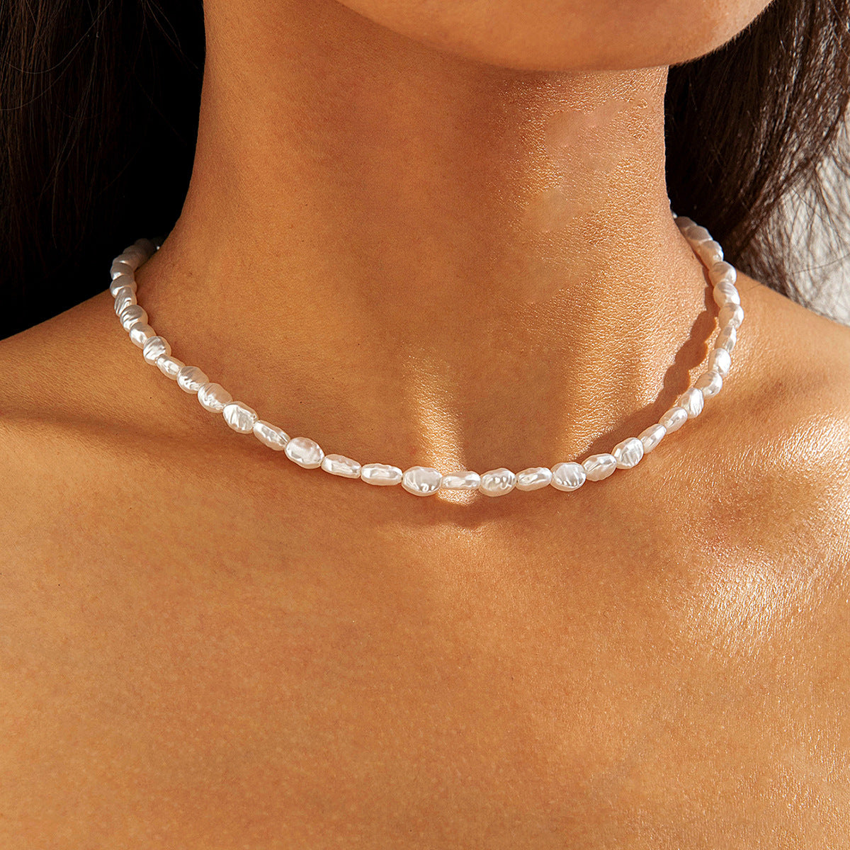 European and American Ornament  Simple Versatile Japanese and Korean Fresh Style Beaded Sugar Cube Round Bead Pearl Necklace Wholesale