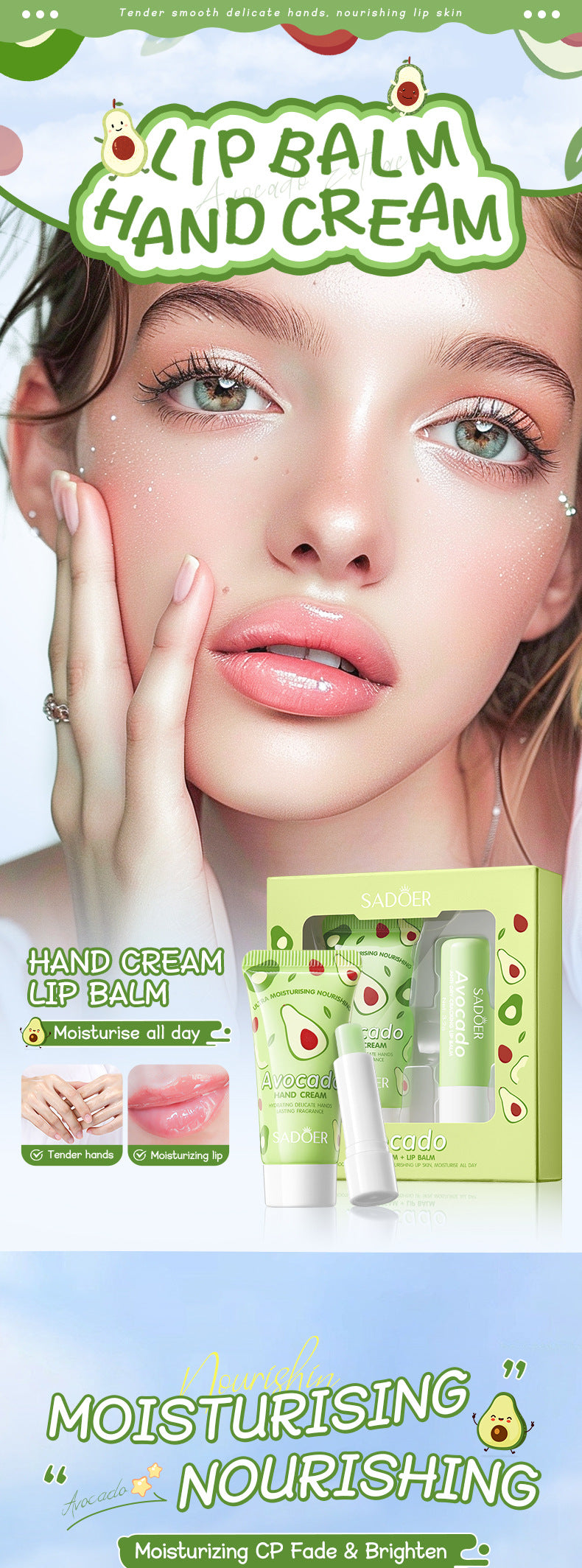 Avocado Hand Cream Lip Balm Set SADOER Nourishing Autumn and Winter Hand Cream Lip Balm Cross-Border Wholesale