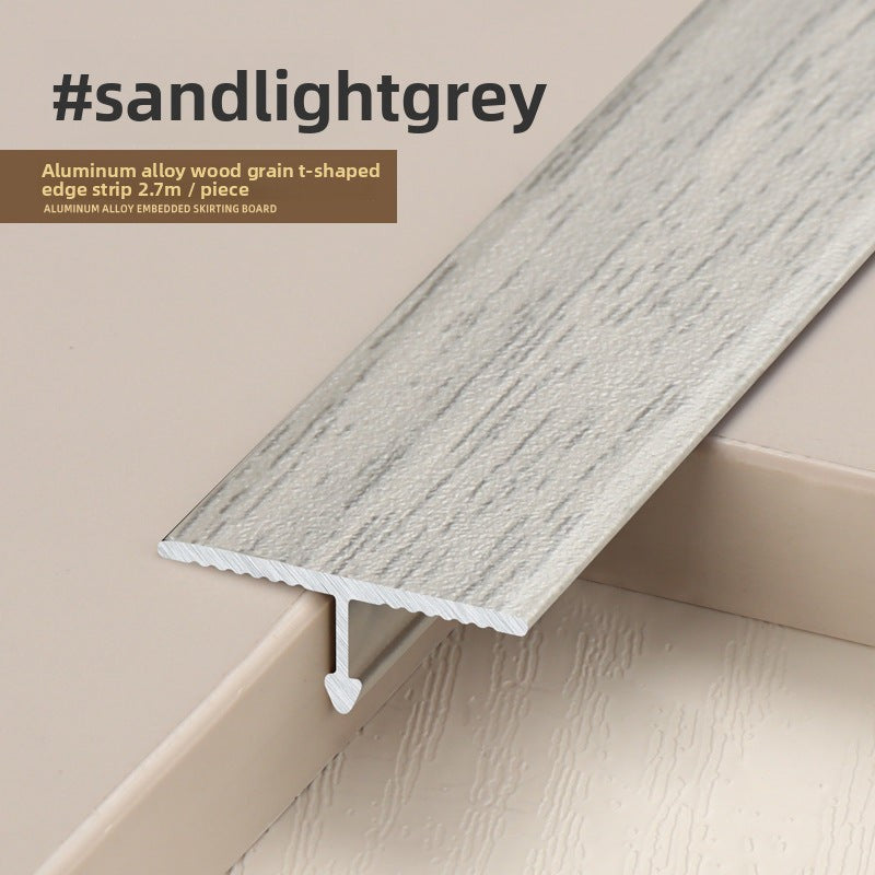 Sandlight Grey aluminum alloy wood grain T-shaped edge strip, 2m length, ideal for finishing edges.