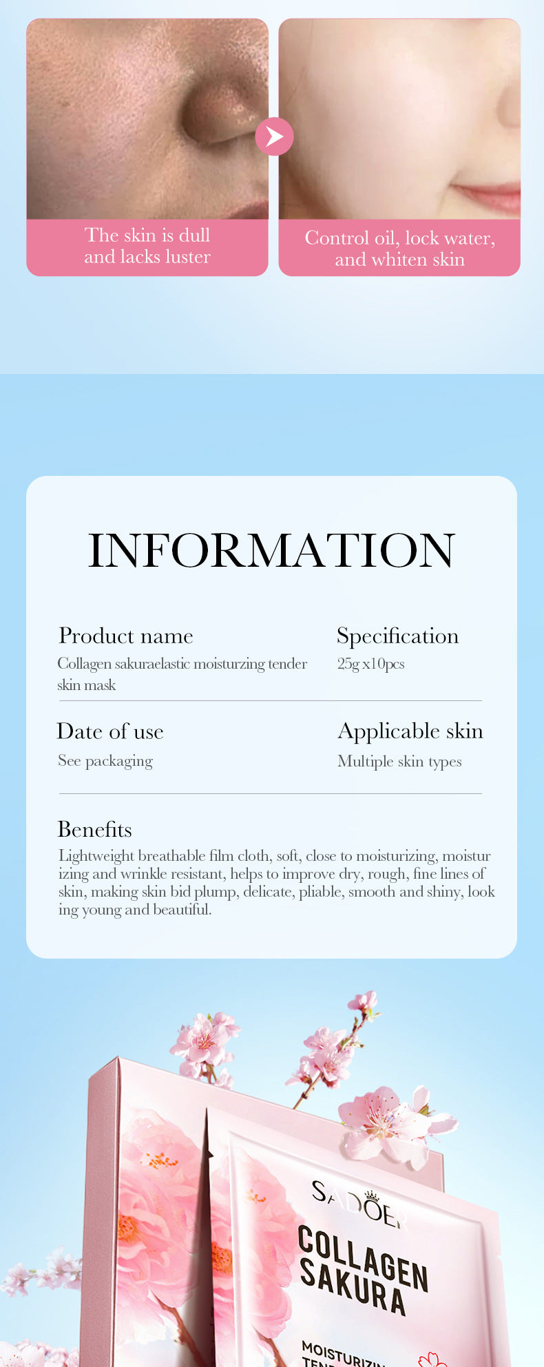 Sakura Mask Box SADOER Collagen Moisturizing Rejuvenating Hydrating Mask Cross-Border Wholesale