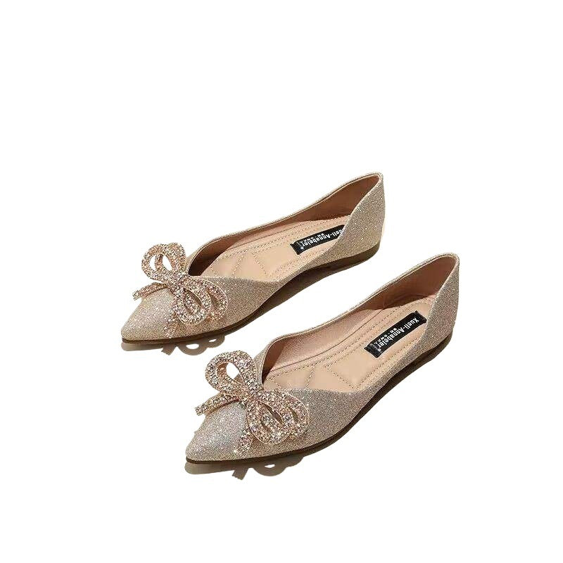 Bridesmaid Shoes Small Size Wedding Shoes Women Flat Non-Tiring Foot Main Wedding Dress Bride Shoes Pointed Champagne Color Bow Crystal Shoes