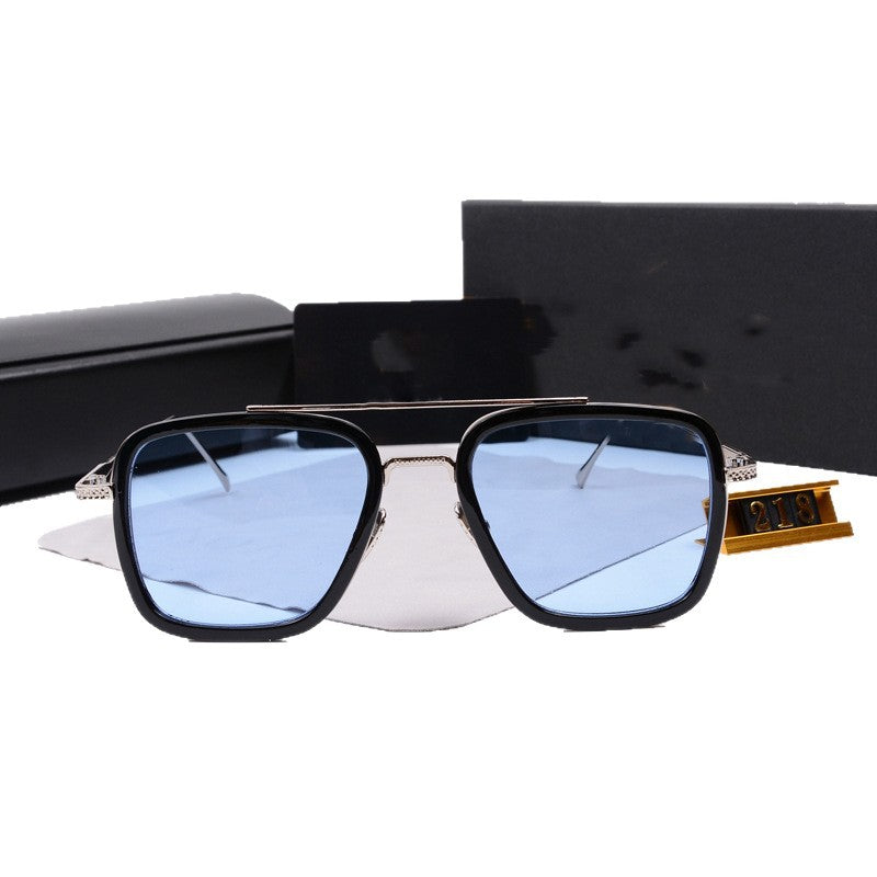 European and American Iron Man Style Sunglasses European and American Fashion Square Frame Sunglasses Men's Retro Metal Double Bridge Color Changing Glasses Frame