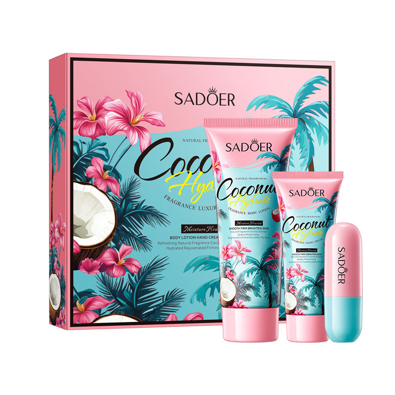 Full English Coconut Fragrance Luxury Care Gift Box SADOER Hydrating Body Lotion Hand Cream Lip Balm  Wholesale