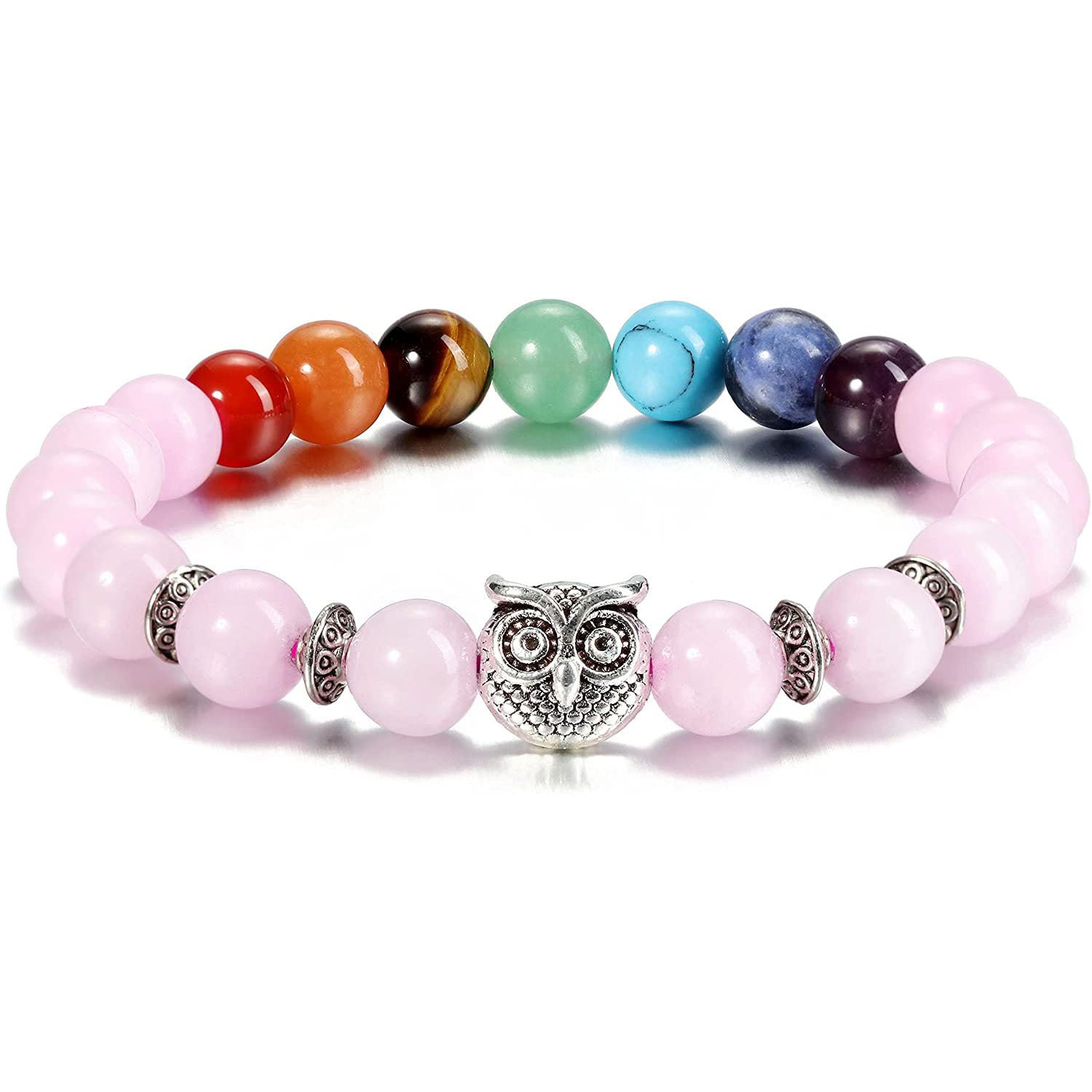 Colorful Tiger Eye Owl Bracelet Natural Stone8mm Bead Spacer Bracelet Volcanic Pink Crystal Owl Bracelet