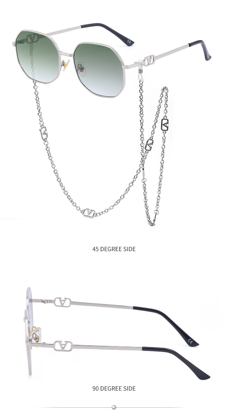 Chain Sunglasses for Women, Internet Celebrity Style, Anti-Drop Chain, Irregular Polygonal Full Frame Sunglasses for Women, Trendy