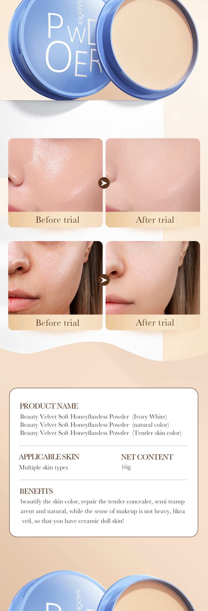 Full English Makeup SADOER Velvet Flawless Powder Brightening Skin Tone Lightweight Contour Concealer Cushion  Wholesale