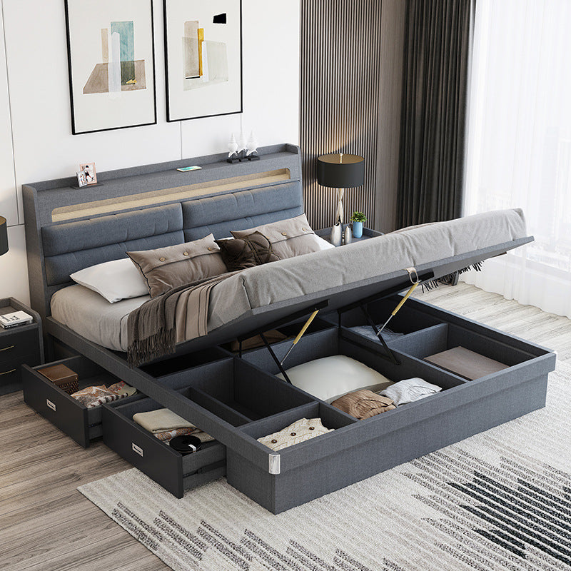 Technology Cloth Bed1.8Small Apartment Bedroom Double Bed Gray High Box Storage Bed with Technology Fabric Wear-Resistant Bed