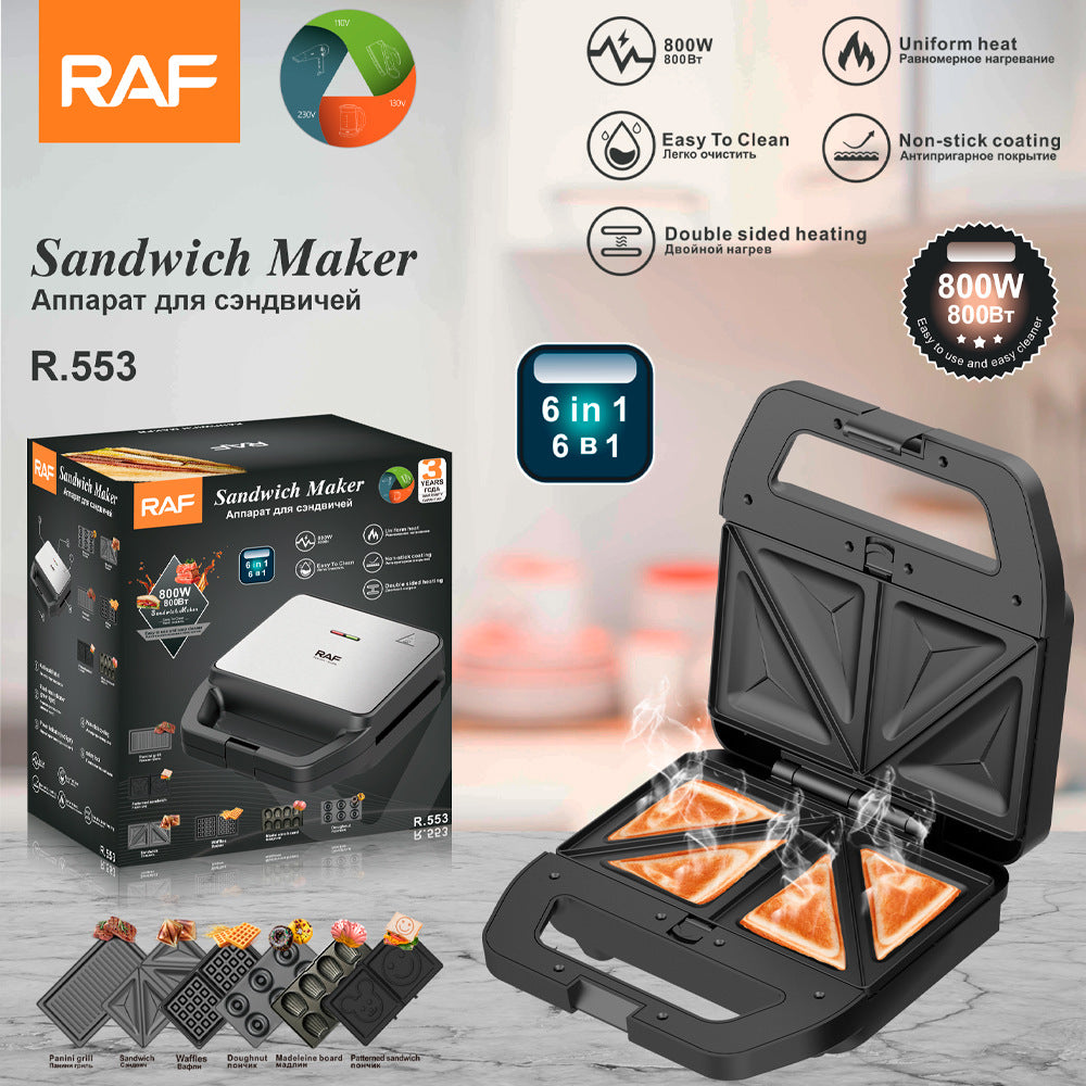 RAF European Standard Sandwich Maker Household Multifunctional 6-in-1 Waffle Maker Breakfast Machine Portable Baking