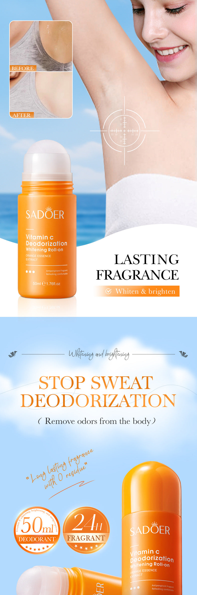 Full English VC Whitening Antiperspirant Roll-On SADOER Brightening Underarm Deodorant Roll-on  Wholesale