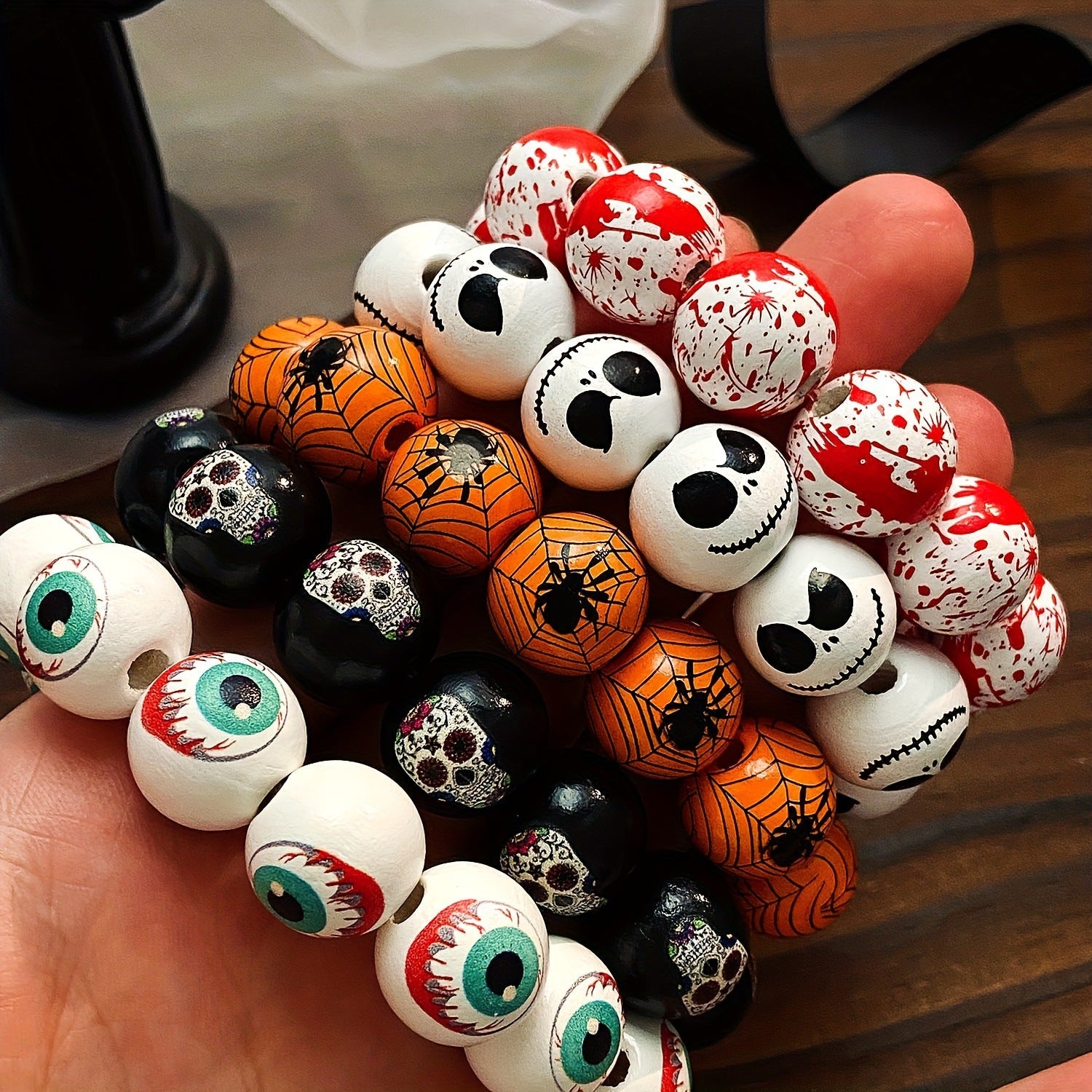 Men's Holiday Bracelet Women's Gift Spider Wooden Bead Bracelet Set Skull Bead Halloween Bracelet