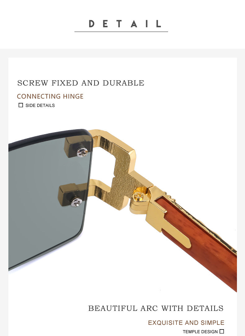 Imitation Wood Grain Leg Retro Sunglasses for Men Fashion Trend Diamond-Studded Rimless Sunglasses Men's Sun Protection Square Frame Glasses Street Style