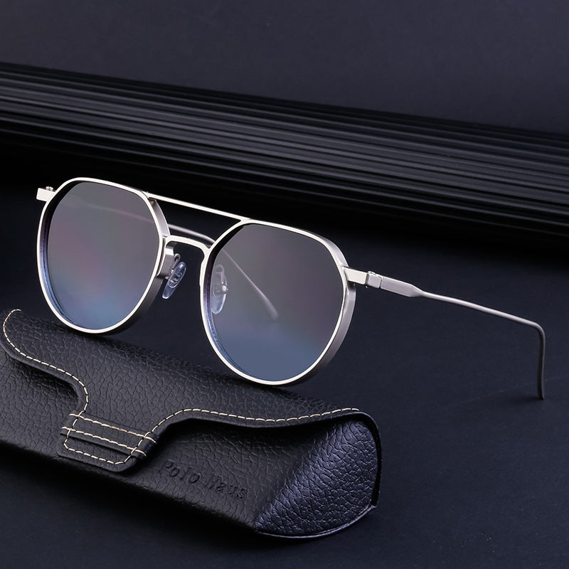 New Retro Oval Frame Glasses Metal Double Bridge Pilot Sunglasses Men's High-end Driving Sun Protection Sunglasses
