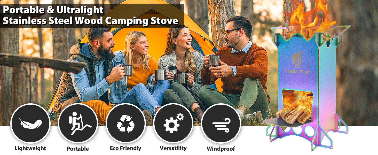 Outdoor Camping BBQ Portable Firewood Stove Detachable Folding Rocket Stove Camping Stove Multi-Fuel Compatible