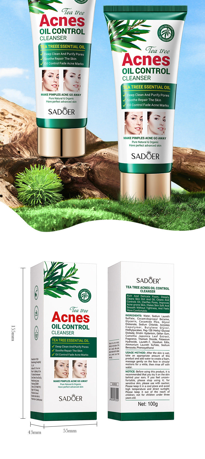 Full English Tea Tree Facial Cleanser100gSADOER Deep Cleansing Moisturizing Refreshing Cleanser  Wholesale