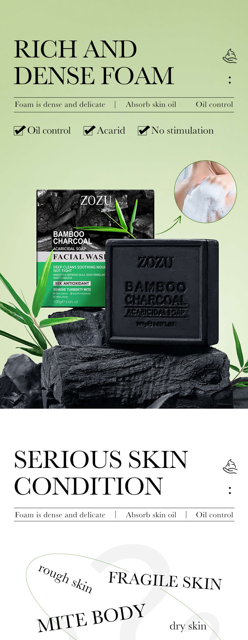 Bamboo Charcoal Soap100g ZOZU Cleansing, bathing, moisturizing essential oil soap  foreign trade wholesale