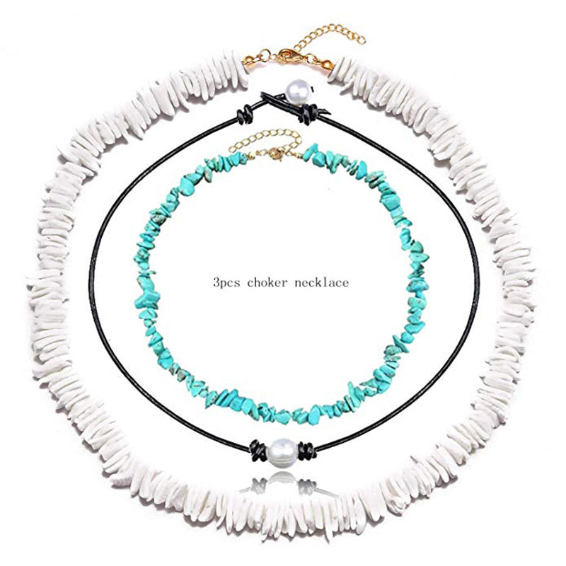 Women's Beach Shell Necklace Blue Pine Beaded Extension Chain Stretchable Handmade Woven Fragmented Shell Necklace Set