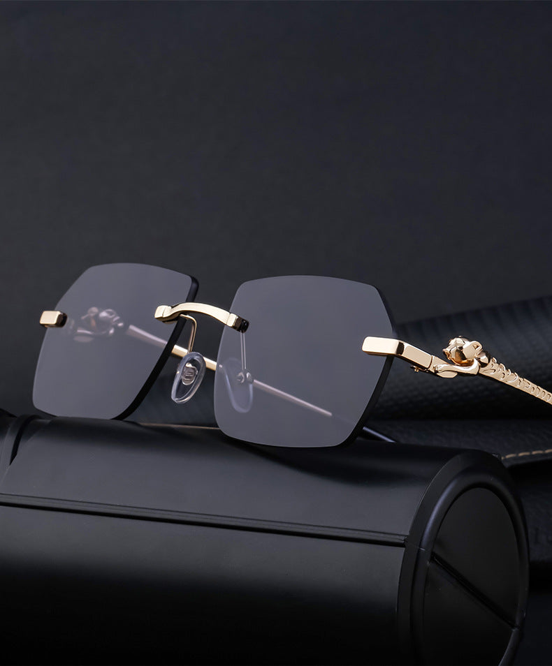 European and American Frameless Cut Edge Leopard Temple Sunglasses for Men Retro Square Frame Driving Sun Protection Sunglasses Wholesale Glasses