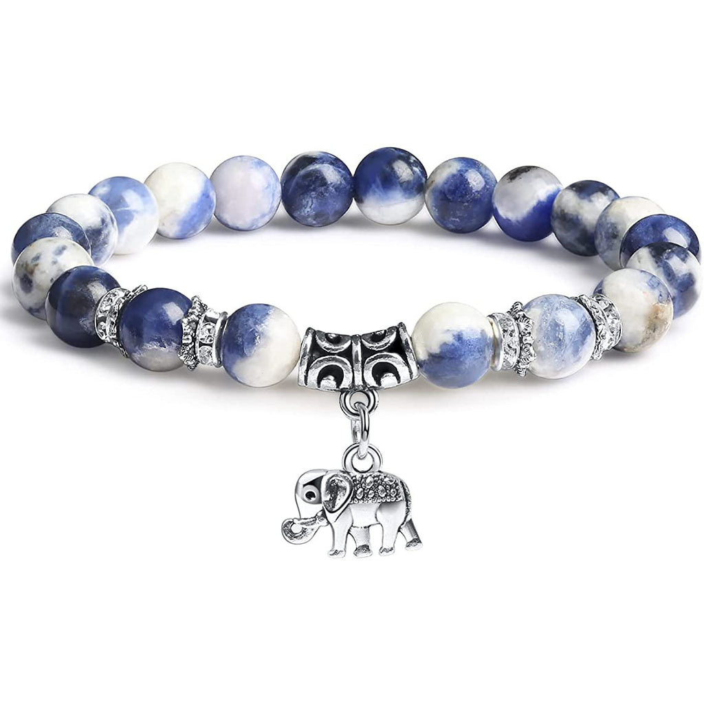Men's White Pine Bracelet8mm Bead Spacer Tiger Eye Stone Blue Dot Natural Black Agate Elephant Pendant Bracelet