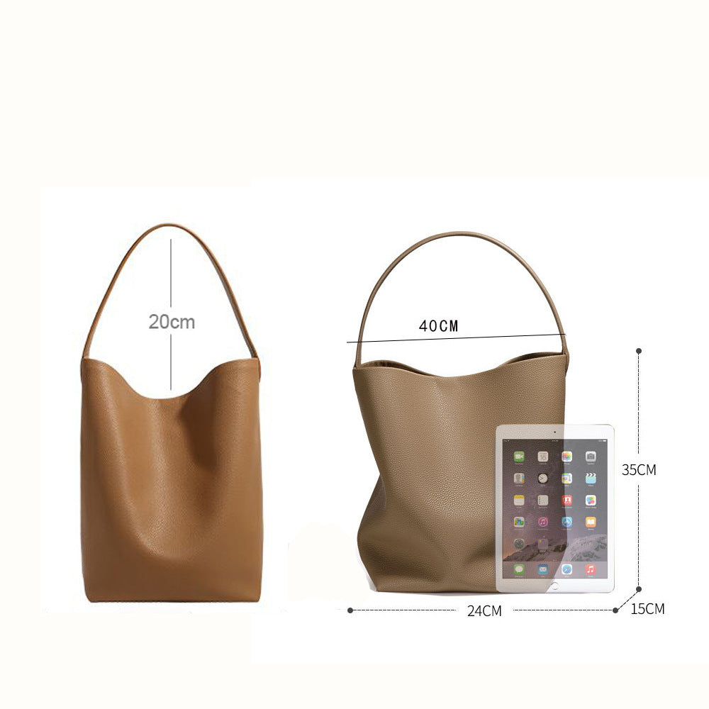 New Large Capacity Genuine Leather Row Bucket Bag Tote Underarm Bag Women's Casual Handheld Single Shoulder Cowhide Bag