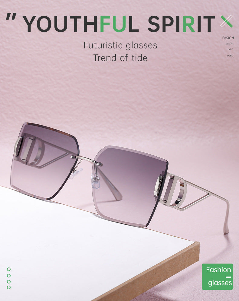 New European and American Fashion Diamond Cut Edge Rimless Sunglasses for Women Trendy Hollow Temple Large Frame Sunglasses Women's Glasses