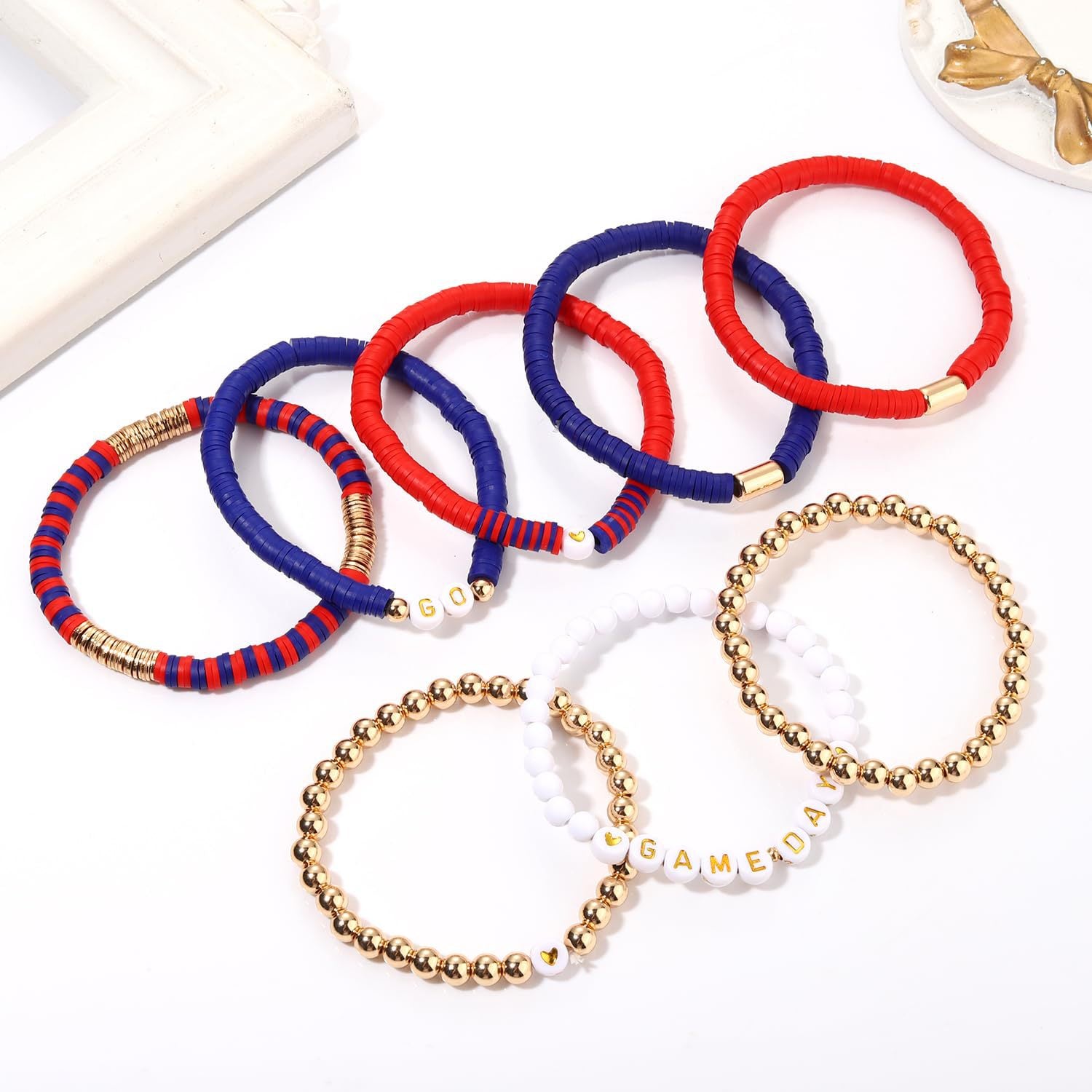 American Competition Day Soft Clay Bracelet for Women Elastic Jewelry with Gold Beads Game Day Alphabet Soft Clay Bracelet Set