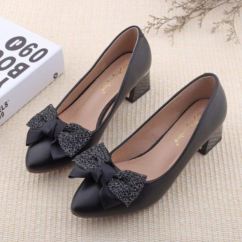 2025Spring Korean Style New Shallow Mouth Chunky Heel Youth French High Heels Fashionable Bowknot Elegant Single Shoes