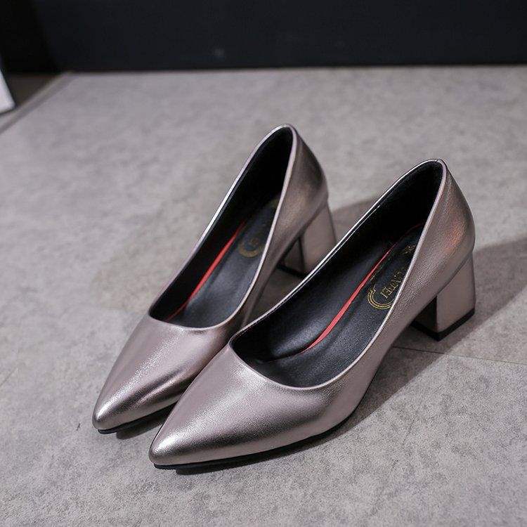 Spring and Autumn New Style Small Leather Shoes Thick Heel Square Buckle Single Shoes High Heels Black Professional Shoes Mid Heel Work Shoes Women's Shoes
