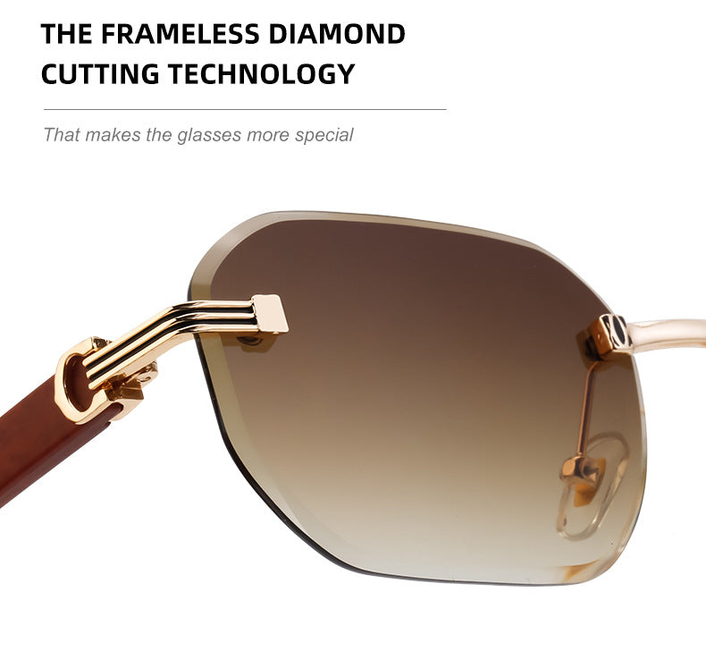 Frameless Glasses for Men High-End European and American Retro Imitation Wood Grain Temple Sunglasses UV Protection Personality Sunglasses