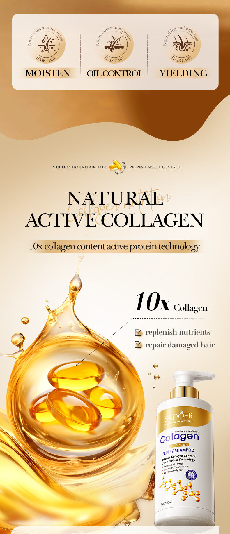 Full English Collagen Anti-Dandruff Shampoo500ml SADOER Smooth Clean Fluffy Shampoo Wholesale