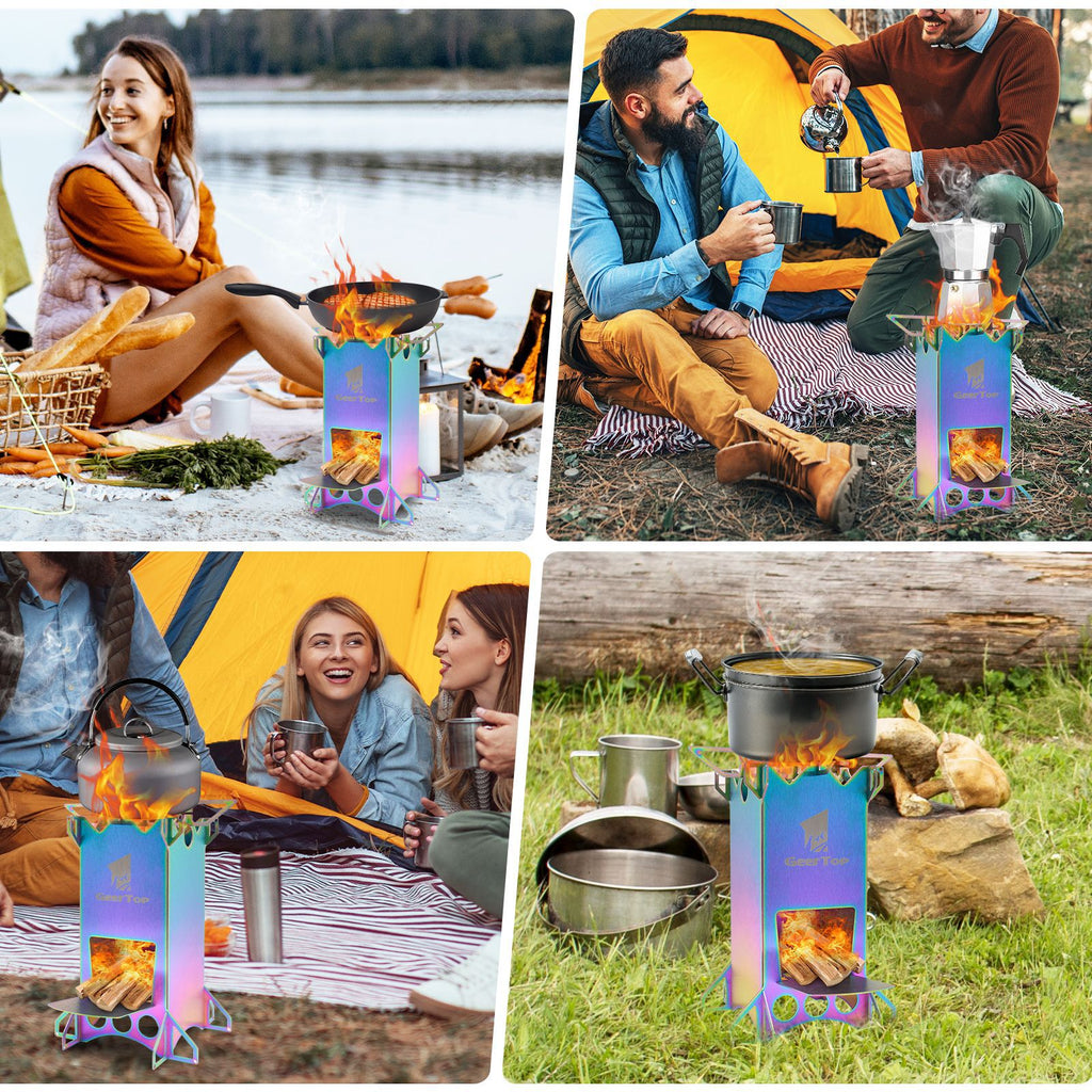 Outdoor Camping BBQ Portable Firewood Stove Detachable Folding Rocket Stove Camping Stove Multi-Fuel Compatible