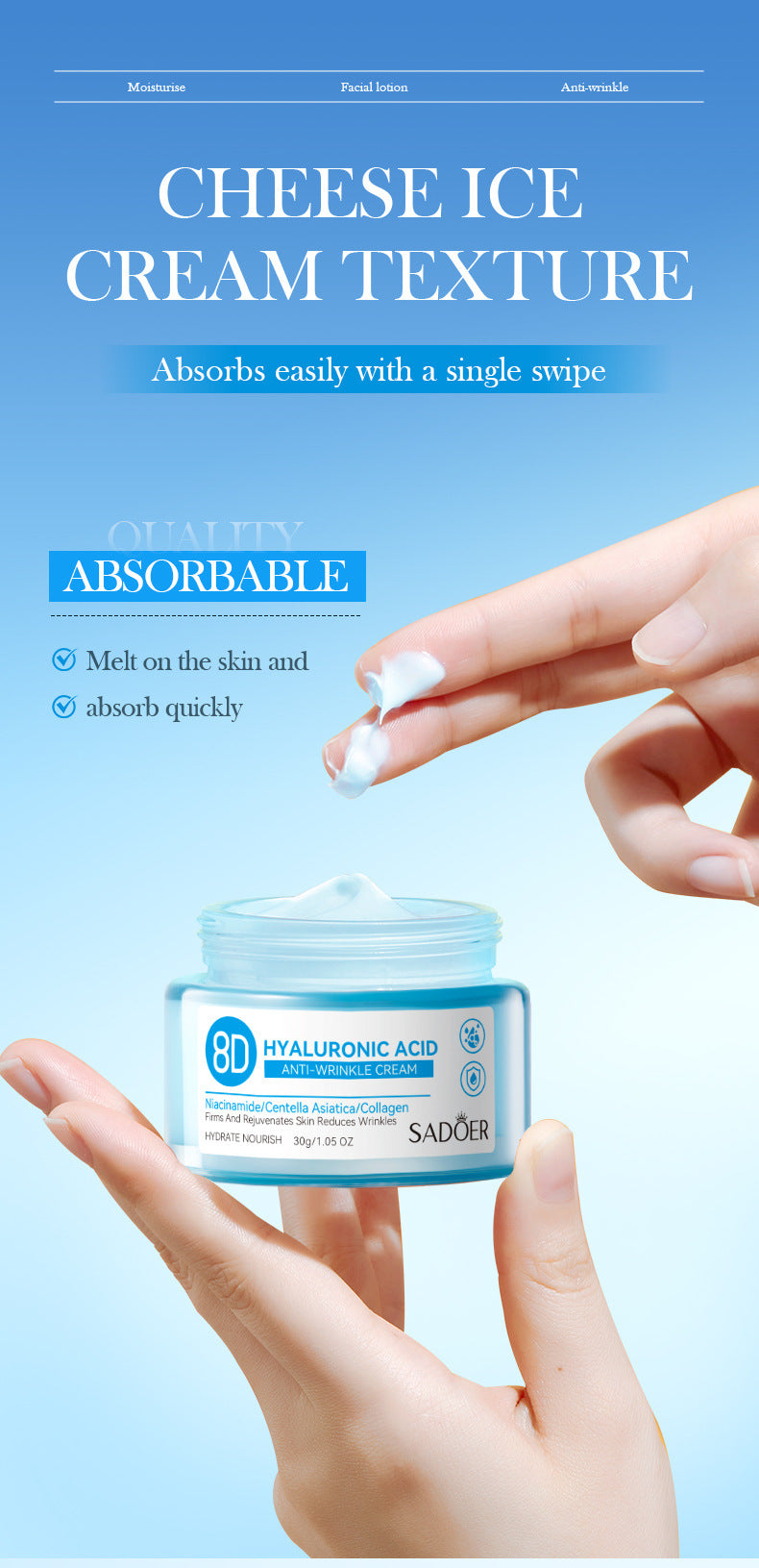 Full English Hyaluronic Acid Face Cream SADOER8D Anti-wrinkle Hydrating Nourishing Face Cream Moisturizing and Rejuvenating  Foreign Trade Wholesale