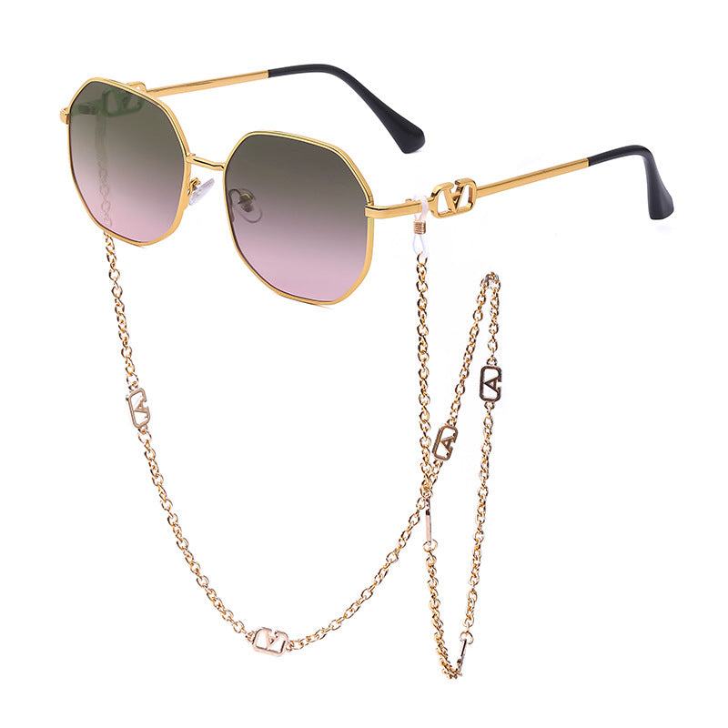Chain Sunglasses for Women, Internet Celebrity Style, Anti-Drop Chain, Irregular Polygonal Full Frame Sunglasses for Women, Trendy