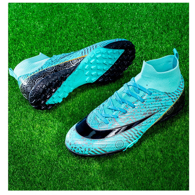 World Cup Same Style Blue and White Porcelain High-top Soccer Shoes for Men and Women, Children and Youth Competition Training Shoes