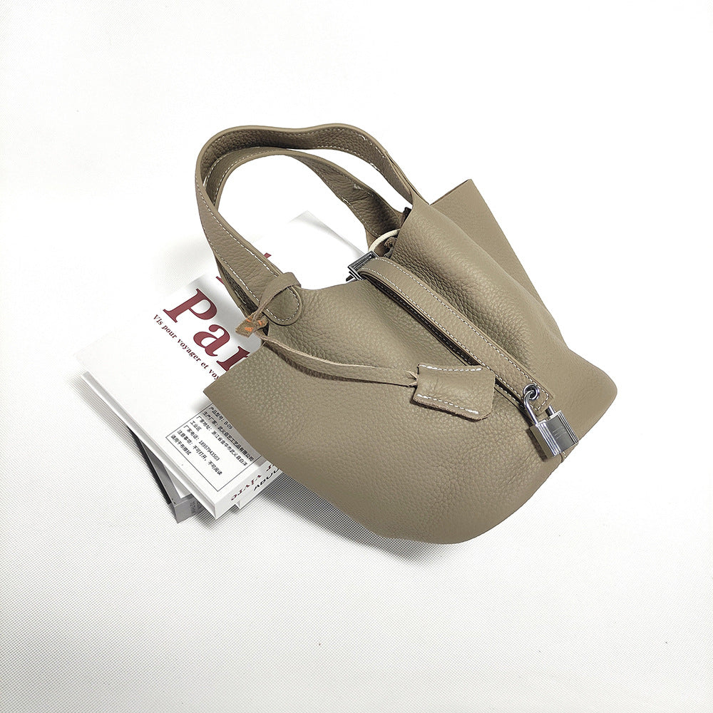 Women's Basket Bag2025New High-End First Layer Cowhide Bucket Bag Casual Handheld Women's Tote Bag Trendy