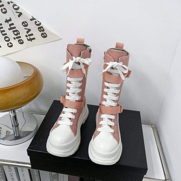 2025Summer New Korean Style High-Top Canvas Martin Boots High Heel Round Toe Non-Slip Height Increasing Trend Korean Style Solid Color Series