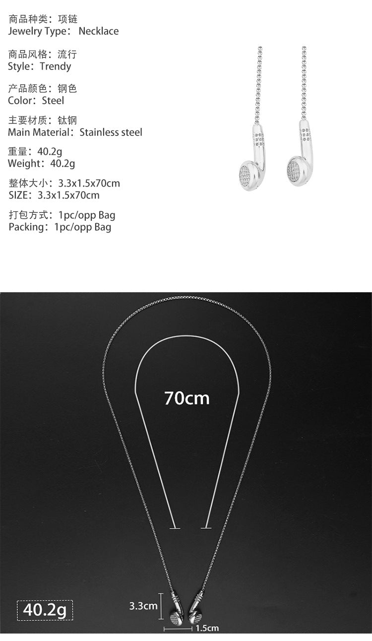 Titanium Steel Jewelry Hip Hop Disco Necklace Fashionable Personality ins Music Headphones Stainless Steel Pendant Jewelry
