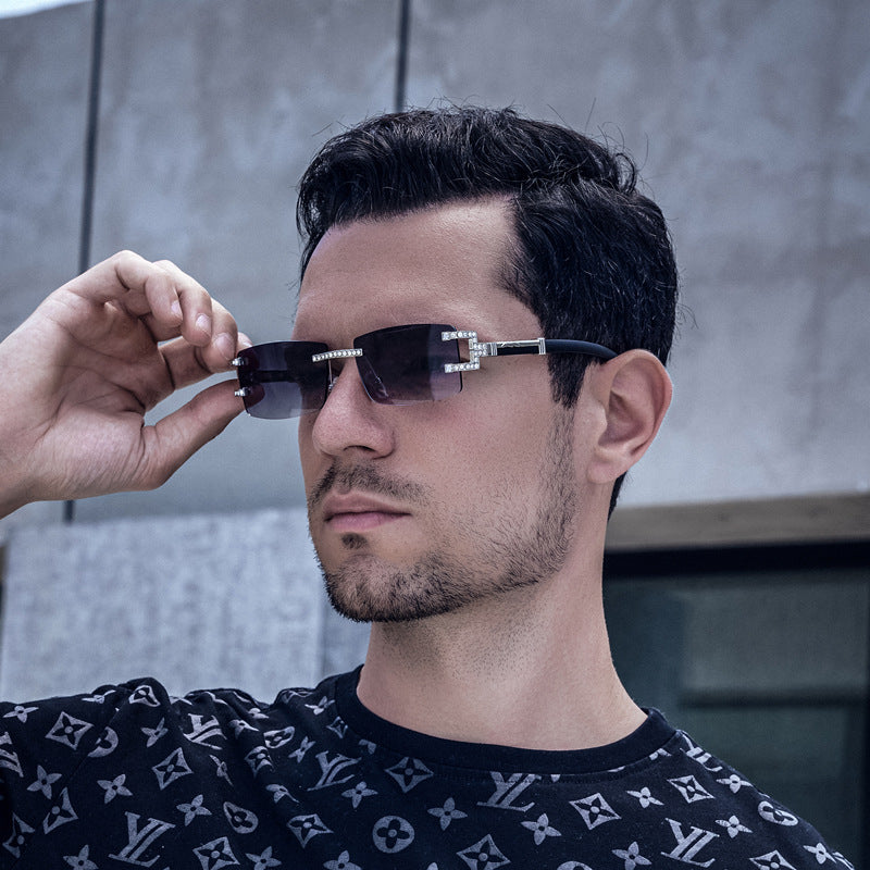 Imitation Wood Grain Leg Retro Sunglasses for Men Fashion Trend Diamond-Studded Rimless Sunglasses Men's Sun Protection Square Frame Glasses Street Style