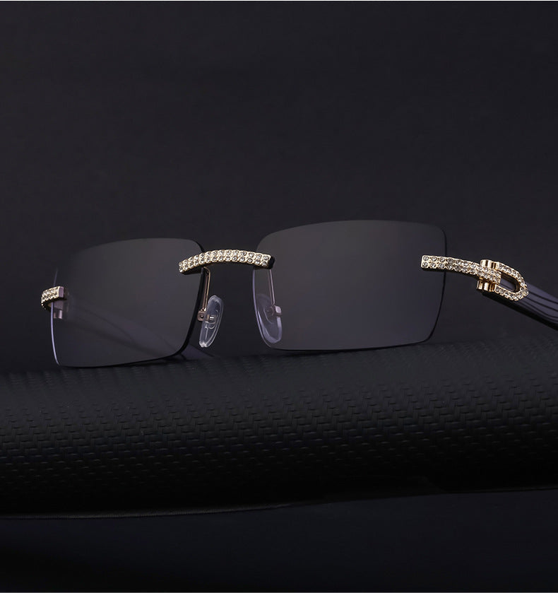European and American Retro Frameless Men's Sunglasses with Diamond Inlay and Wood Grain Temples New Style Glasses Wholesale shades