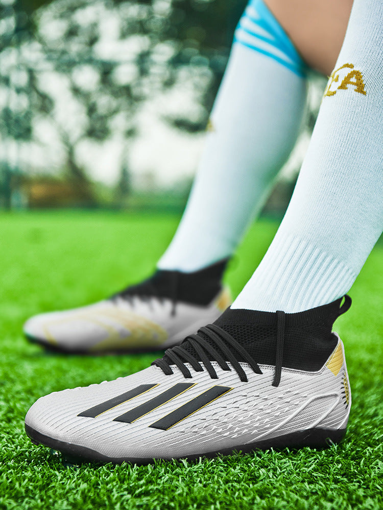 High-top Unisex Youth Soccer Shoes with Broken and Long Spikes for Grass Field Competition Training Student Sports Shoes