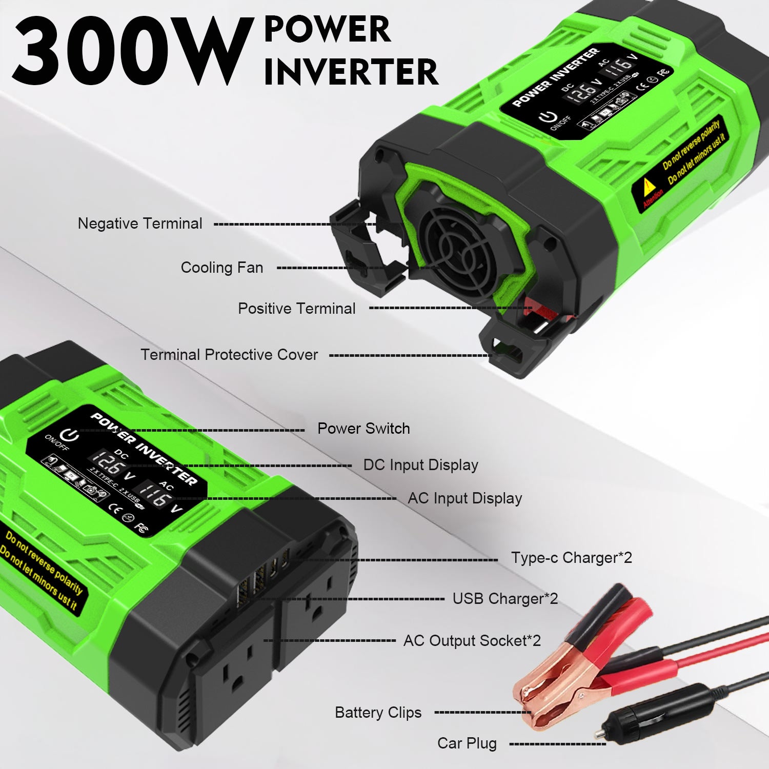 Vehicle Inverter200W300W600W12V Turn110V/220V With dual sockets USB/Type-C Converter