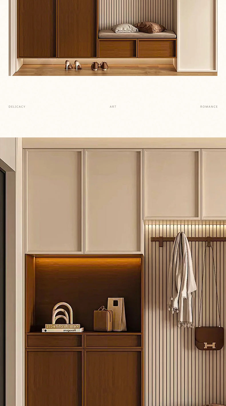 Meikexin French Style Solid Wood Entryway Shoe Rack and Coat Rack with Shoe Changing Stool, Multi-Functional Integrated Wall-Mounted Whole House Customization System